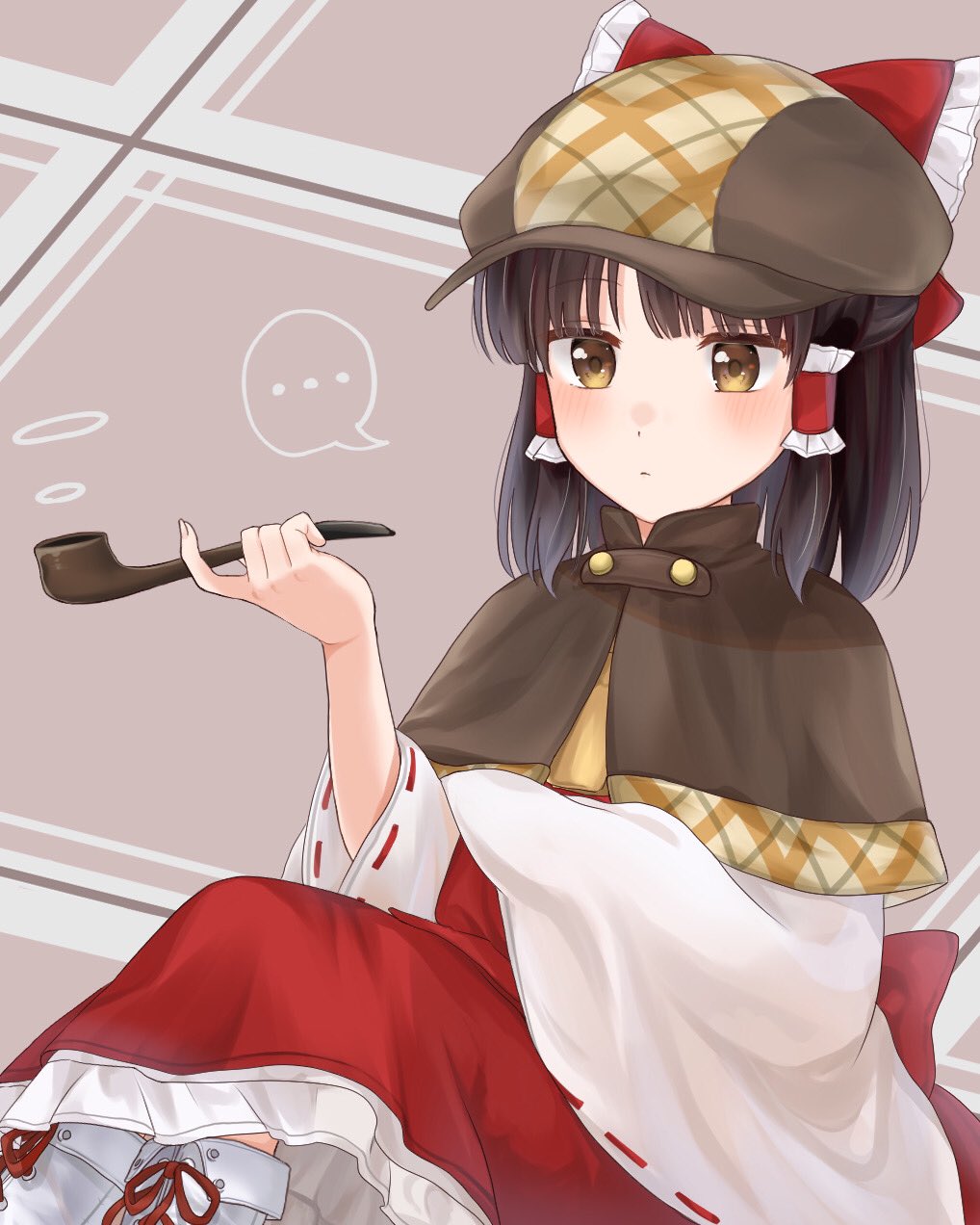 reimu tyuki, hakurei reimu, forbidden scrollery, touhou, commentary request, highres, …, 1girl, alternate costume, argyle background, back bow, blush, boots, bow, brown background, brown capelet, brown eyes, brown hat, capelet, feet out of frame, flat cap, frilled bow, frilled hair tubes, frills, hair bow, hair tubes, hat, holding, holding smoking pipe, light frown, petticoat, red bow, red shirt, red skirt, shirt, sitting, skirt, smoke ring, smoking pipe, solo, spoken ellipsis, white boots, white sleeves