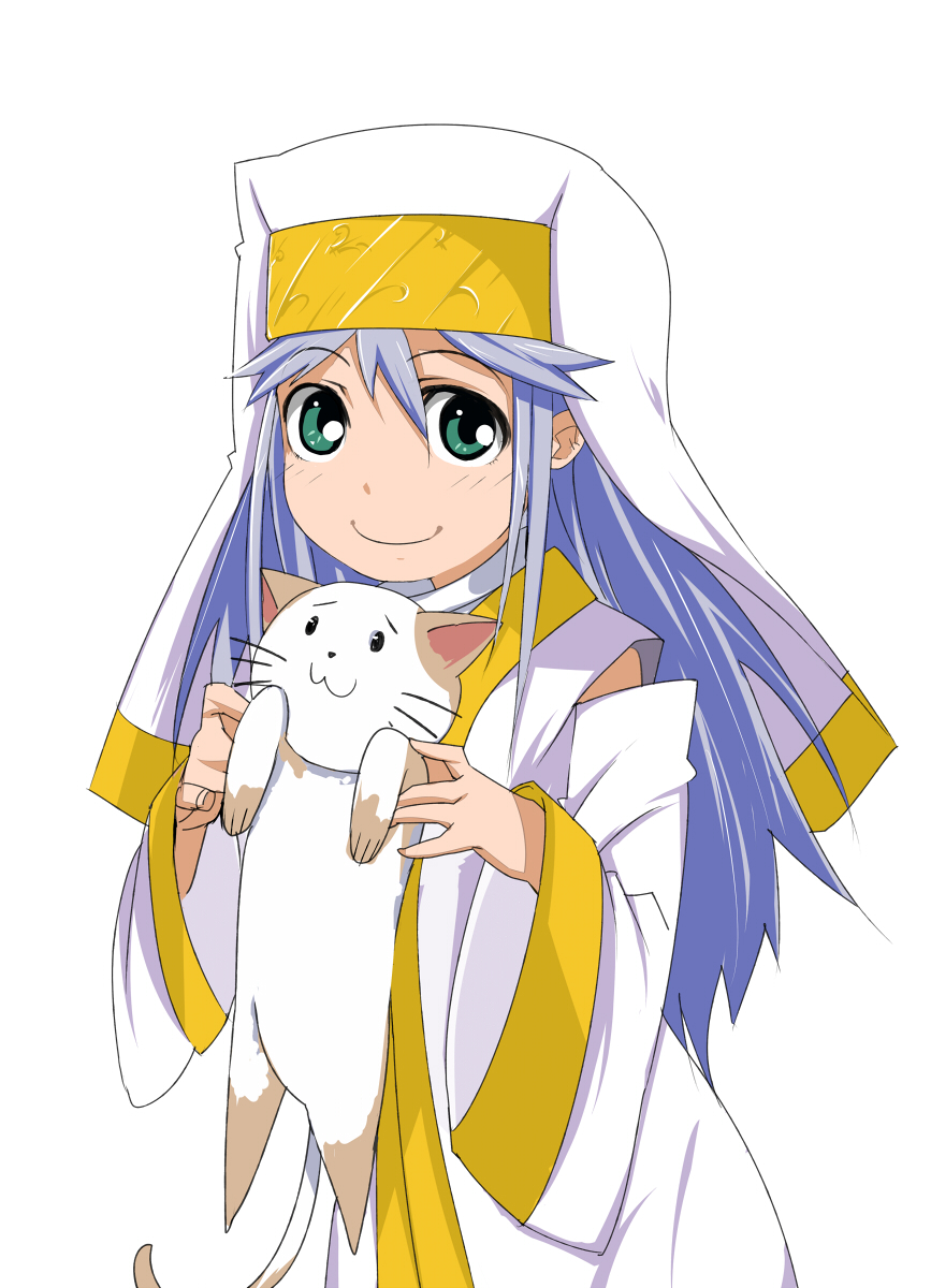 samuraig, index (toaru majutsu no index), sphinx (to aru majutsu no index), sphinx (toaru majutsu no index), toaru majutsu no index, highres, 00s, 1girl, alternate hair color, blue hair, calico (pattern), calico cat, cat, female focus, green eyes, long hair, robe, smile, solo