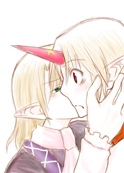 gai (artist), gai (chicken), hoshiguma yuugi, mizuhashi parsee, touhou, 2girls, blonde hair, female focus, green eyes, horns, kiss, multiple girls, pointy ears, profile, red eyes, scarf, short hair, simple background, single horn, surprised, yuri
