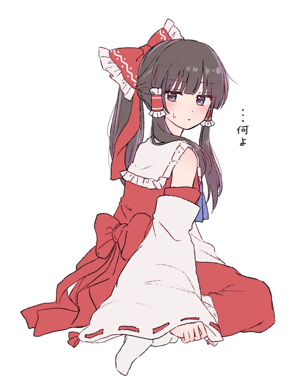 reimu tyuki, hakurei reimu, touhou, commentary request, highres, translation request, 1girl, ascot, back bow, bare shoulders, blue ascot, blush, bow, brown hair, collar, detached sleeves, frilled hair tubes, frills, from side, grey eyes, hair bow, hair tubes, jitome, light frown, long hair, looking back, ponytail, red bow, red shirt, red skirt, shirt, sidelocks, sideways glance, simple background, skirt, solo, sweatdrop, white background, white collar