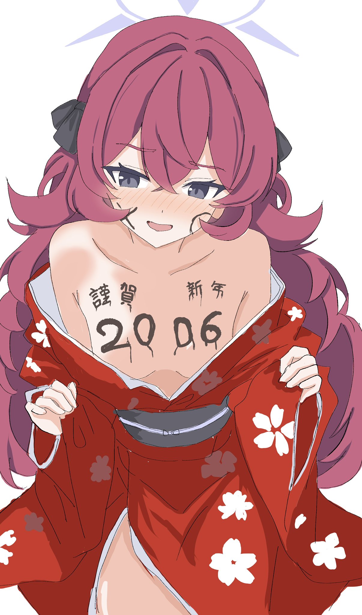 kamitosayu, iroha (blue archive), blue archive, fluffy hair, commentary request, highres, 1girl, bare shoulders, breasts, grey eyes, hair ribbon, halo, ink, japanese clothes, kimono, long hair, partially undressed, red hair, ribbon, simple background, small breasts, solo, thighs, wavy hair, white background