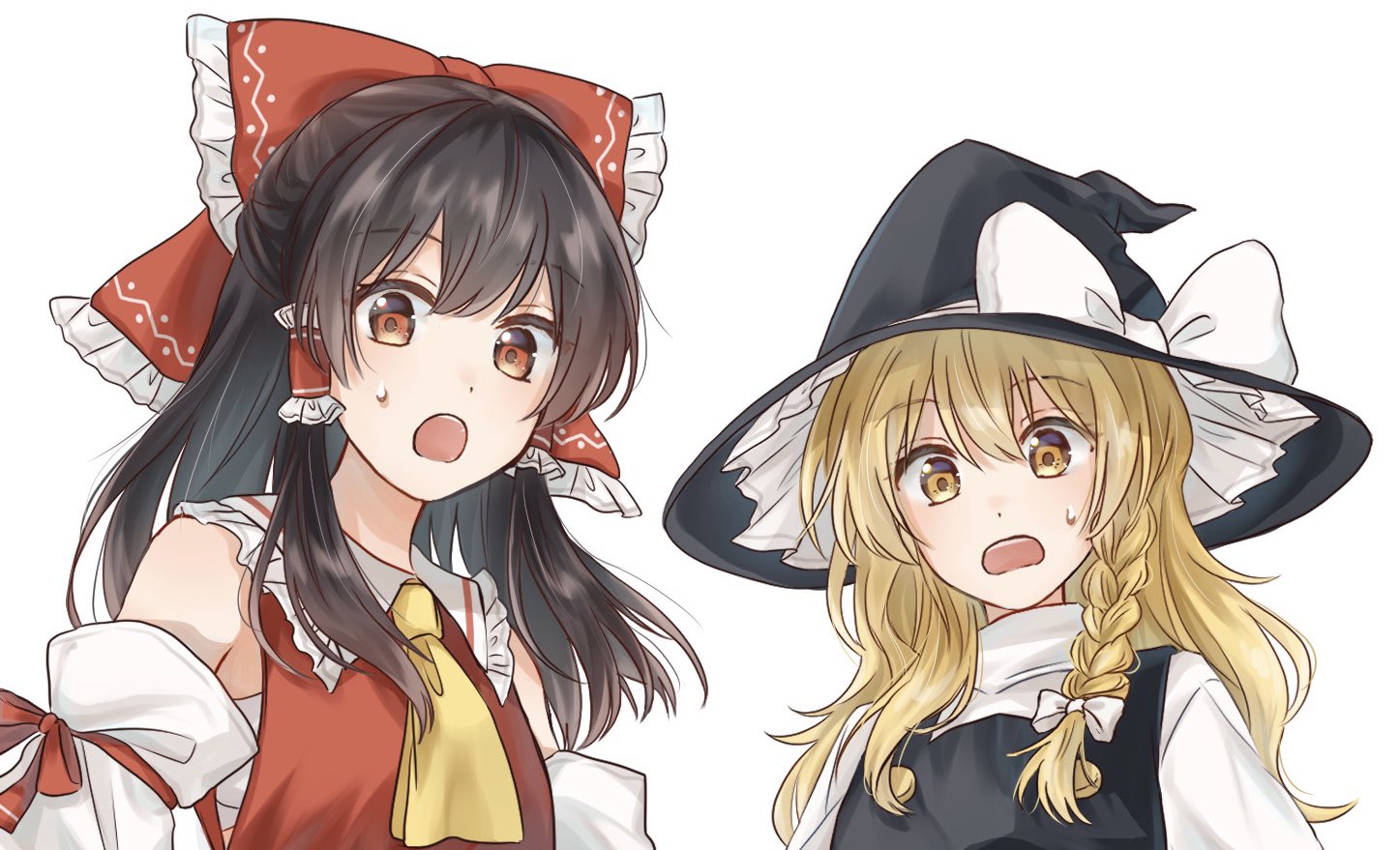 reimu tyuki, hakurei reimu, kirisame marisa, touhou, commentary request, 2girls, :o, ascot, bare shoulders, black hat, black vest, blonde hair, bow, braid, brown hair, detached sleeves, frilled bow, frilled hair tubes, frilled shirt collar, frills, hair bow, hair tubes, hat, hat bow, long hair, looking at viewer, multiple girls, open mouth, ponytail, red bow, red shirt, sarashi, shirt, sidelocks, simple background, single braid, surprised, sweatdrop, teeth, upper body, upper teeth only, vest, white background, white bow, white shirt, witch hat, yellow ascot, yellow eyes