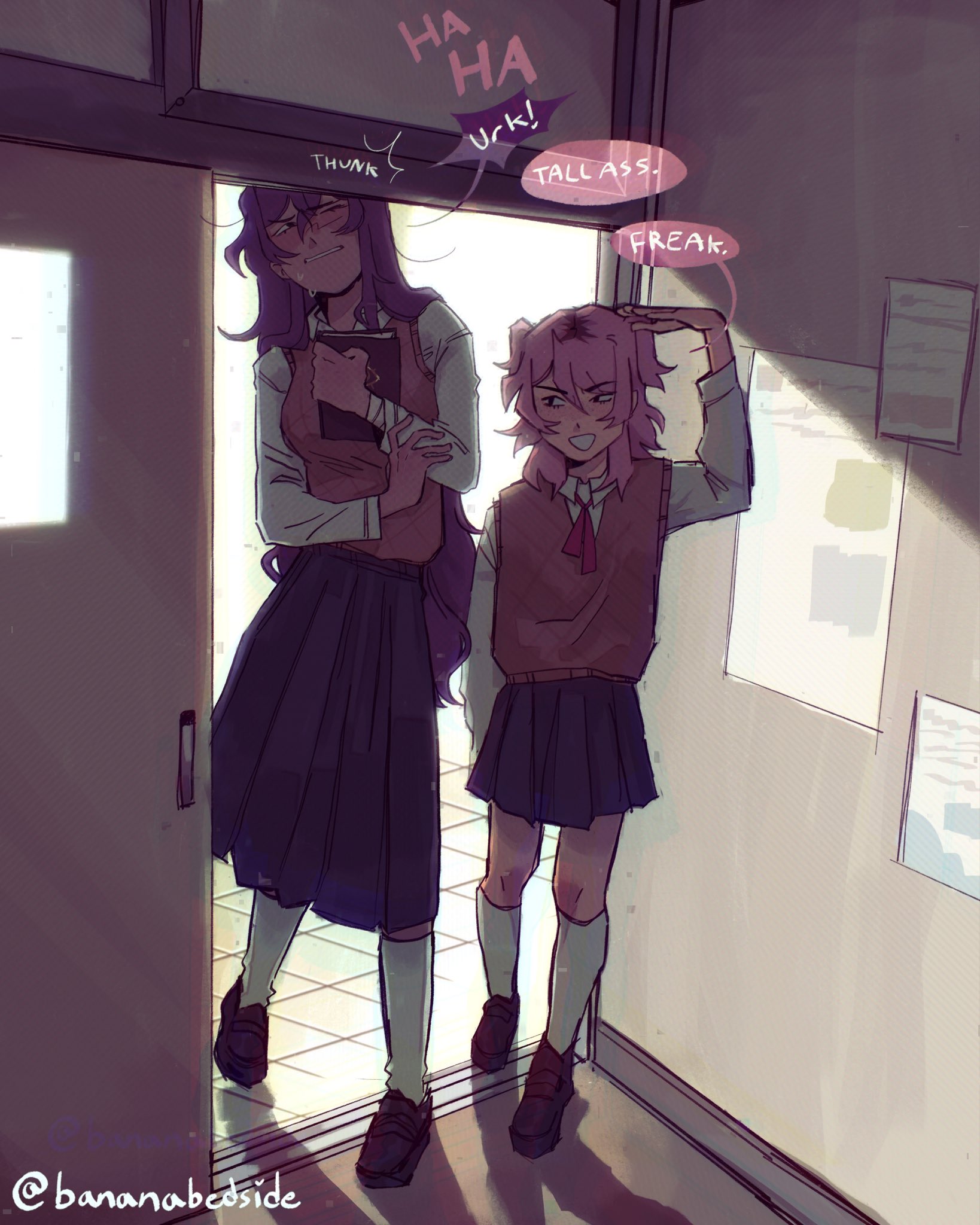 rayne (bananabedside), natsuki (doki doki literature club), yuri (doki doki literature club), doki doki literature club, commentary, english commentary, highres, 2girls, adapted costume, black shoes, blue skirt, blush, book, brown sweater vest, bumping head, collared shirt, door, doorway, english text, eyelashes, full body, hand up, height difference, holding, holding book, injury, kneehighs, laughing, long hair, long skirt, long sleeves, multiple girls, neck ribbon, one eye closed, poster (object), purple hair, red ribbon, ribbon, school uniform, shadow, shirt, shoes, skirt, smile, socks, sound effects, speech bubble, standing, sweat, sweater vest, tile floor, tiles, twitter username, white shirt, white socks
