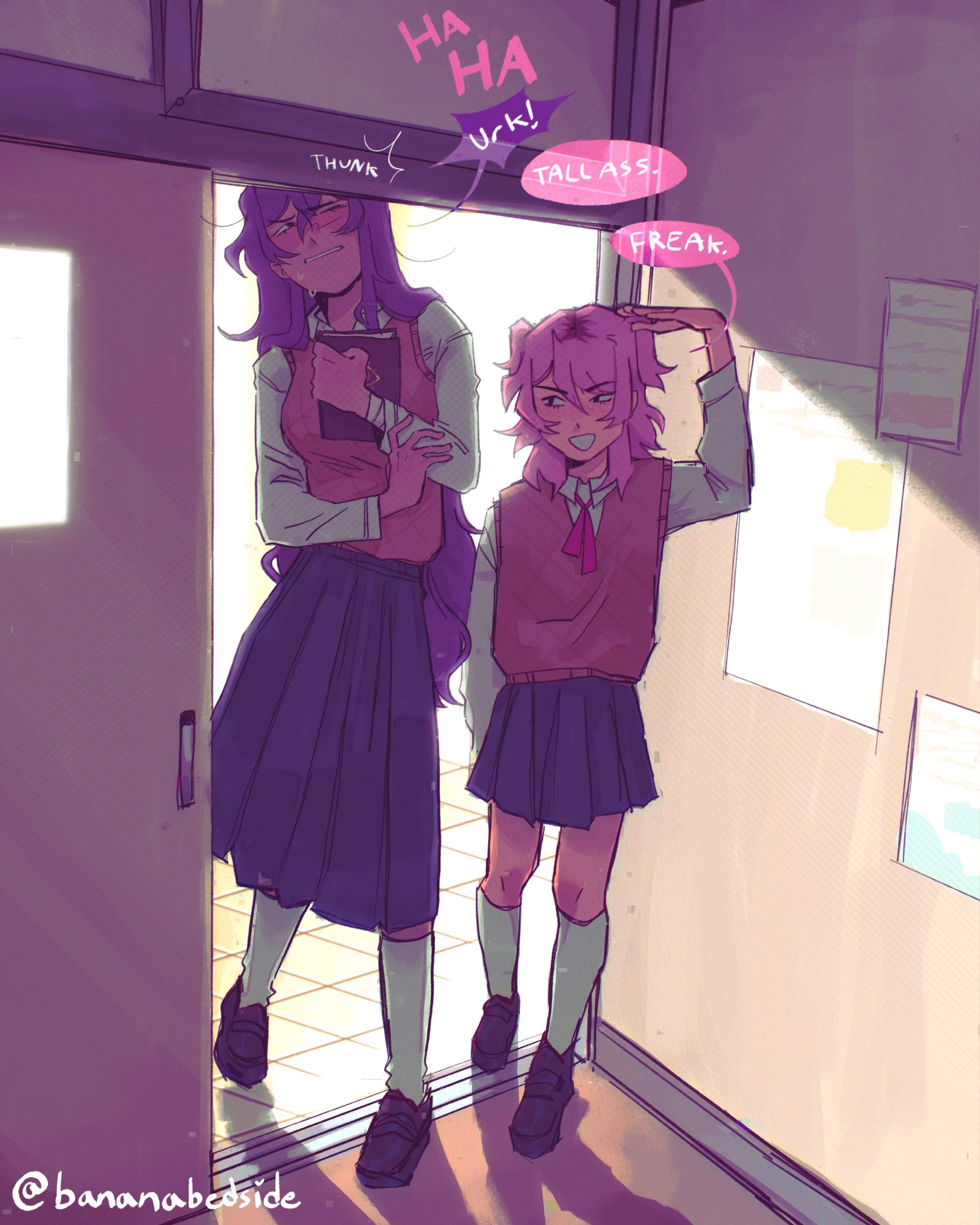 rayne (bananabedside), natsuki (doki doki literature club), yuri (doki doki literature club), doki doki literature club, commentary, english commentary, highres, 2girls, adapted costume, black shoes, blue skirt, blush, book, brown sweater vest, bumping head, collared shirt, door, doorway, english text, eyelashes, full body, hand up, height difference, holding, holding book, injury, kneehighs, laughing, long hair, long skirt, long sleeves, multiple girls, neck ribbon, one eye closed, poster (object), purple hair, red ribbon, ribbon, school uniform, shadow, shirt, shoes, skirt, smile, socks, sound effects, speech bubble, standing, sweat, sweater vest, tile floor, tiles, twitter username, white shirt, white socks
