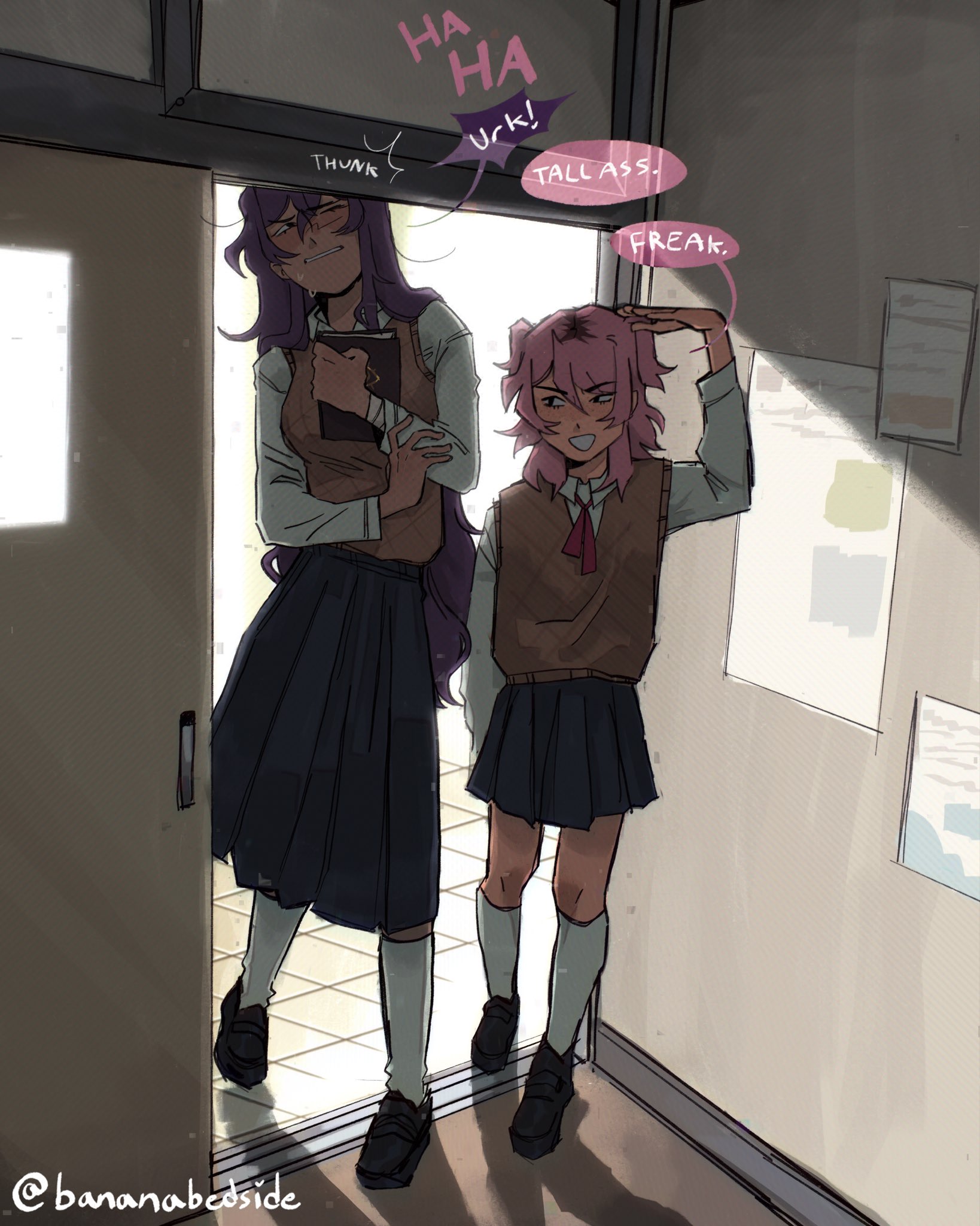 rayne (bananabedside), natsuki (doki doki literature club), yuri (doki doki literature club), doki doki literature club, commentary, english commentary, highres, 2girls, adapted costume, black shoes, blue skirt, blush, book, brown sweater vest, bumping head, collared shirt, door, doorway, english text, eyelashes, full body, hand up, height difference, holding, holding book, injury, kneehighs, laughing, long hair, long skirt, long sleeves, multiple girls, neck ribbon, one eye closed, poster (object), purple hair, red ribbon, ribbon, school uniform, shadow, shirt, shoes, skirt, smile, socks, sound effects, speech bubble, standing, sweat, sweater vest, tile floor, tiles, twitter username, white shirt, white socks