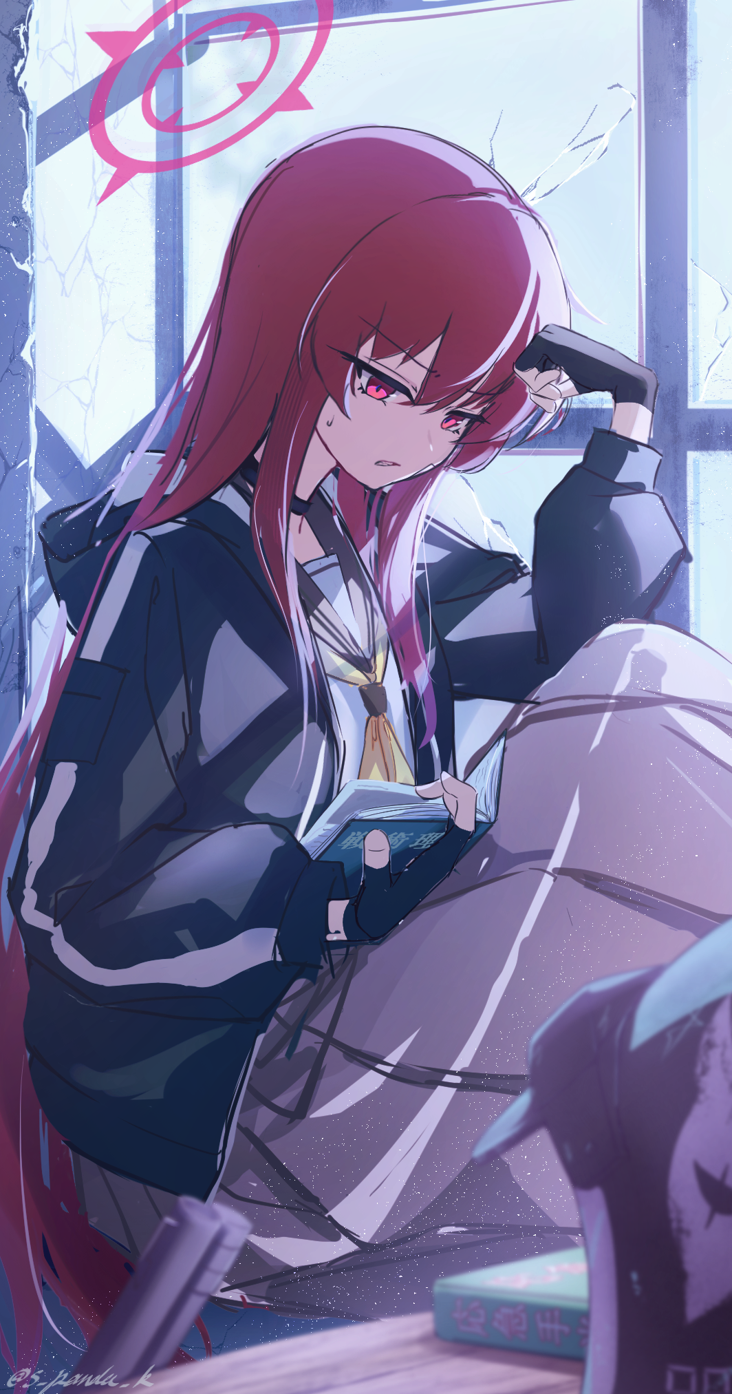 s panda k, rabu (blue archive), blue archive, commentary request, highres, 1girl, black gloves, black jacket, black sailor collar, book, broken glass, fingerless gloves, glass, gloves, grey skirt, hair between eyes, halo, hand on own forehead, helmet, holding, holding book, hood, hood down, jacket, long hair, long skirt, looking down, neckerchief, red eyes, red halo, sailor collar, shirt, sitting, skirt, solo, sweatdrop, unworn headwear, unworn helmet, very long hair, white shirt, yellow neckerchief