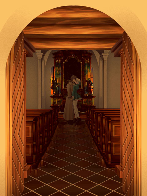 senotsu, alice elliot, yuri hyuga, shadow hearts, 1boy, 1girl, brown hair, church, couple, hetero, kiss, short hair, thighhighs, white hair