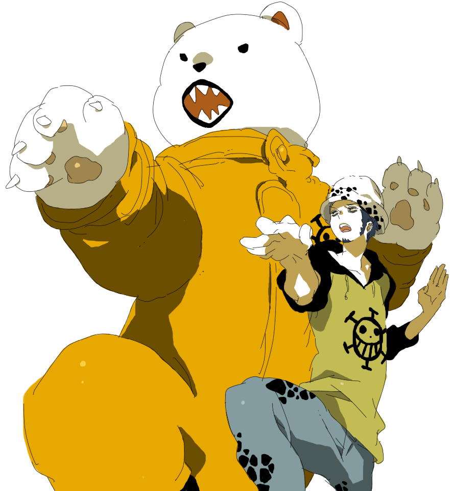 kinako (marubotan), bepo (one piece), trafalgar law, one piece, 1boy, animal, bear, black hair, denim, furry, furry male, hat, heart pirates, hood, hoodie, jeans, jumpsuit, pants, raglan sleeves