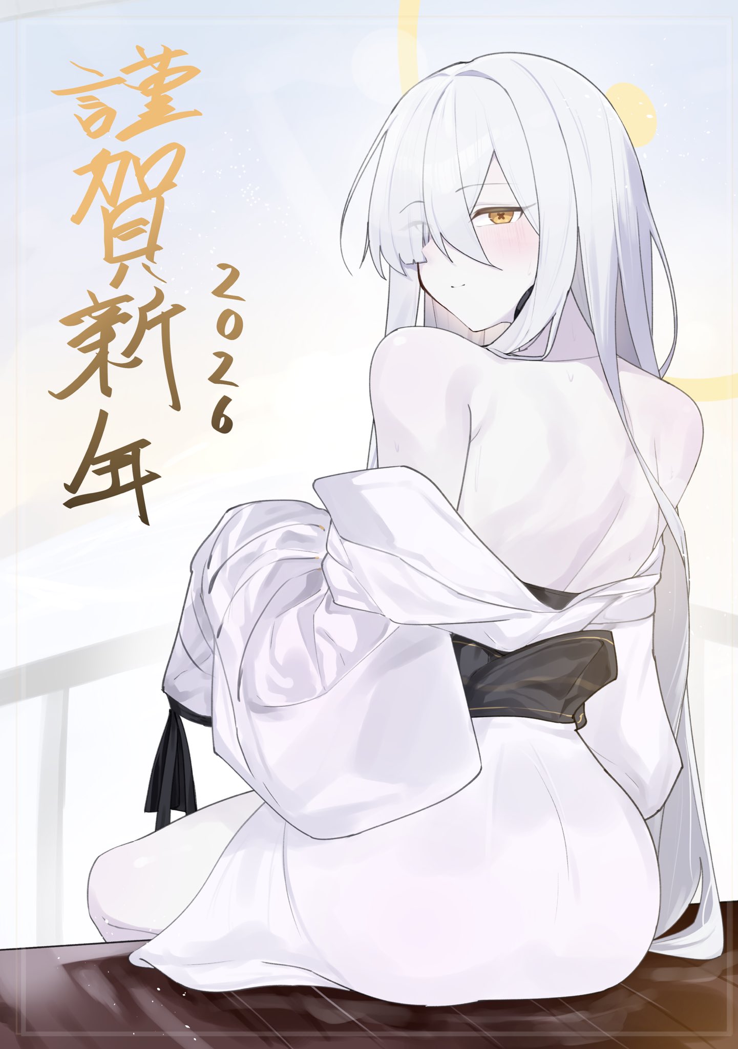 malkuth (blue archive), blue archive, commentary request, highres, alternate costume, ass, back, blush, colored skin, from behind, gensou destroy, halo, japanese clothes, kimono, looking back, new year, off shoulder, one eye covered, simple background, sitting, smile, symbol-shaped pupils, white hair, white skin, yellow eyes