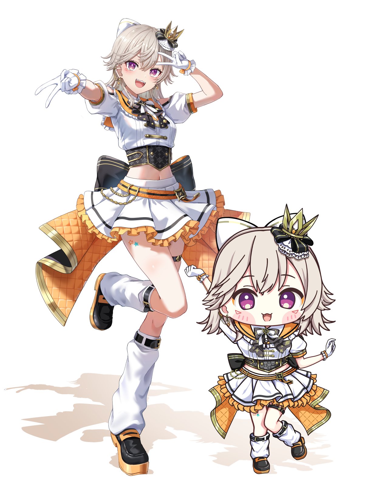 chacha zo, komori met, vspo!, commentary request, highres, 1girl, belt, black shoes, double v, fangs, garter straps, gloves, grey hair, gyaru v, leg warmers, looking at viewer, midriff, navel, open mouth, purple eyes, shadow, shirt, shoes, short hair, short sleeves, simple background, skirt, smile, standing, standing on one leg, teeth, upper teeth only, v, virtual youtuber, white background, white gloves, white leg warmers, white shirt