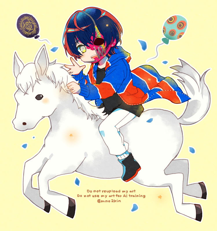rei shimobe, shuten order, commentary, 1girl, :d, balloon, black hair, black shirt, black shoes, coat, half mask, horse, horseback riding, long sleeves, looking at viewer, mask, mno2kin, open clothes, open coat, open mouth, outline, pants, reverse trap, riding, shirt, shoes, short hair, smile, solo, twitter username, watermark, waving, white outline, white pants, yellow background, yellow eyes