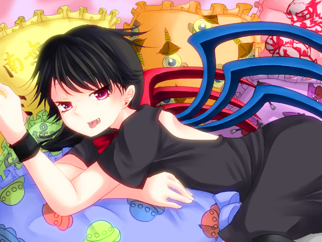 misocha, houjuu nue, unzan, touhou, 1girl, armband, bishamonten's pagoda, black hair, fang, female focus, lying, red eyes, solo, tongue, ufo, wings