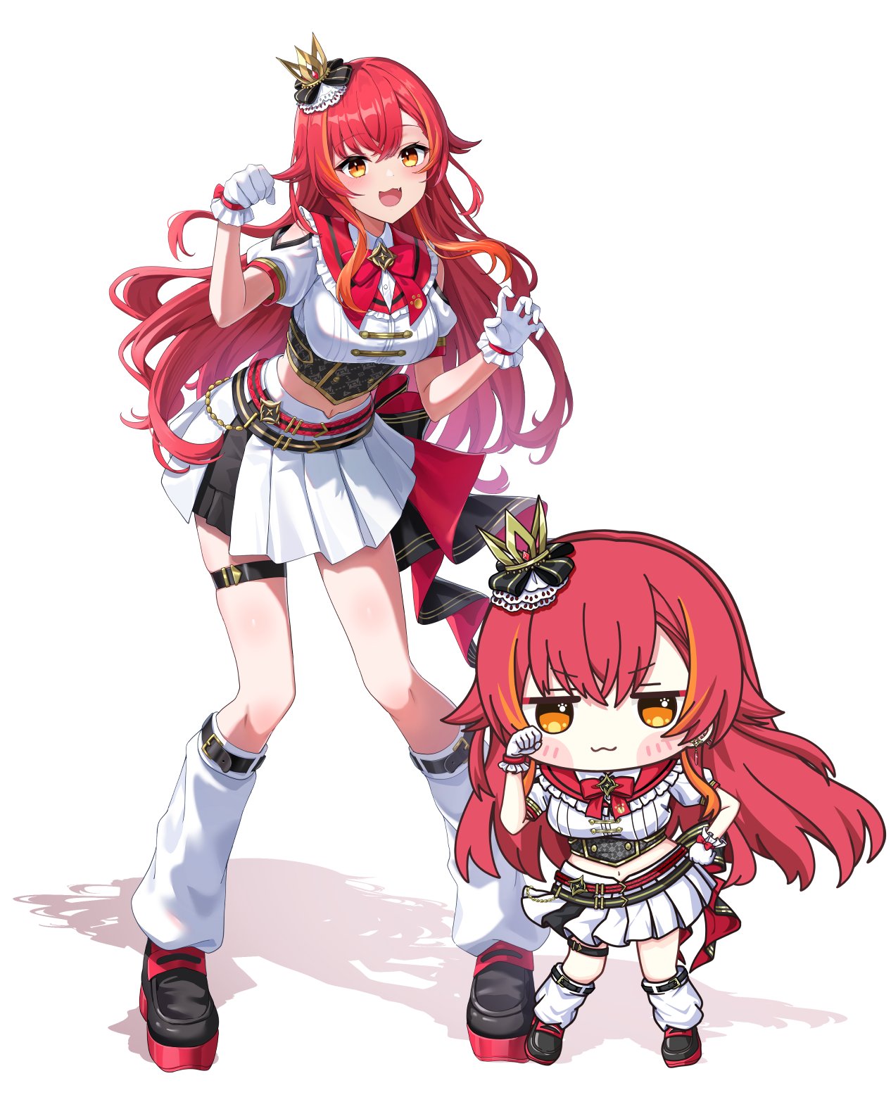 chacha zo, nekota tsuna, vspo!, commentary request, highres, 1girl, belt, black shoes, fang, full body, gloves, hands up, leg warmers, long hair, looking at viewer, midriff, navel, open mouth, orange eyes, red hair, shirt, shoes, short sleeves, simple background, skirt, smile, standing, thigh strap, virtual youtuber, white background, white gloves, white leg warmers, white shirt