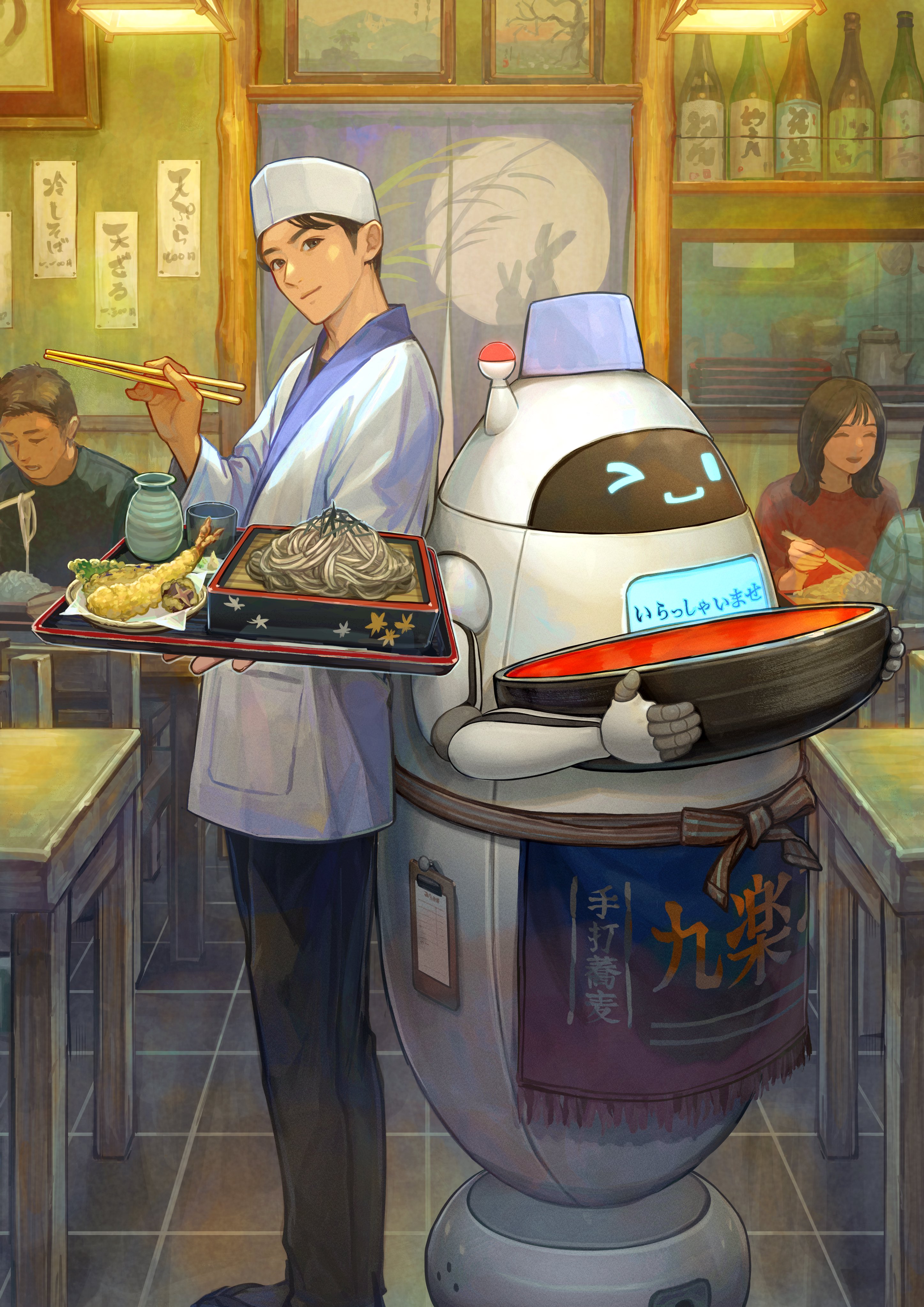 utaka (anyoanyot), original, absurdres, commentary request, highres, 1girl, 1other, 2boys, alcohol, black pants, chopsticks, cup, desk, food, hat, holding, holding chopsticks, holding tray, indoors, jacket, looking at viewer, male focus, multiple boys, multiple girls, mushroom, non-humanoid robot, noodles, pants, restaurant, robot, shrimp, shrimp tempura, tempura, tray, white hat, white jacket
