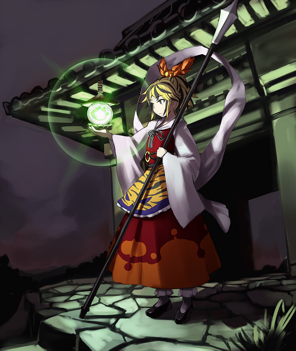 hirosato, toramaru shou, touhou, highres, 1girl, bishamonten's pagoda, blonde hair, female focus, hair ornament, multicolored hair, nature, outdoors, polearm, shawl, short hair, sky, solo, spear, weapon, yellow eyes