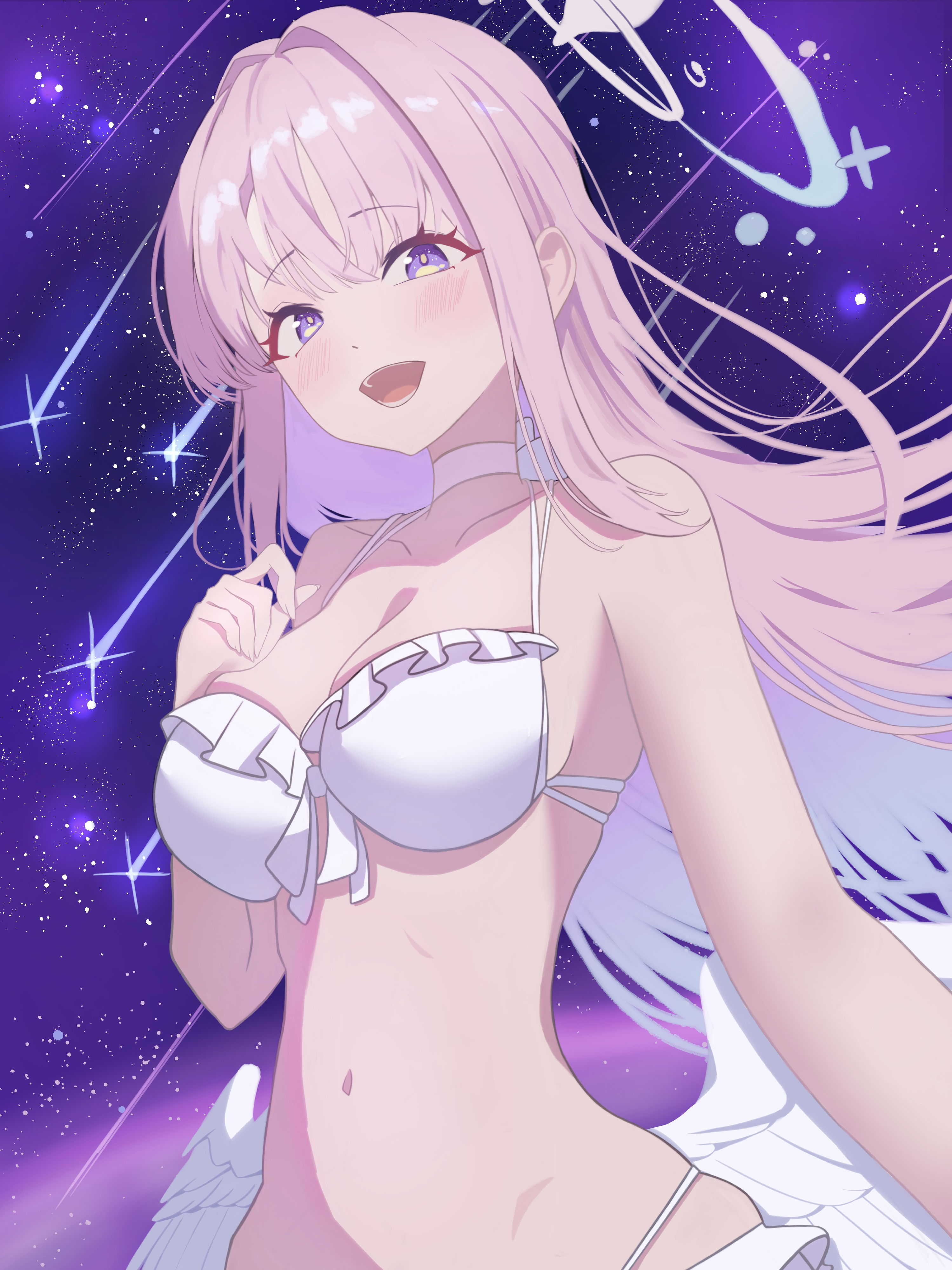 mika (blue archive), mika (swimsuit) (blue archive), blue archive, absurdres, commentary request, highres, 1girl, bare arms, bare shoulders, bikini, blush, breasts, collarbone, frilled bikini, frills, halo, hyeonjingim942, large breasts, long hair, looking at viewer, multicolored eyes, navel, night, official alternate costume, official alternate hairstyle, open mouth, outdoors, pink hair, pink halo, purple eyes, shooting star, smile, solo, stomach, swimsuit, two-tone eyes, upper body, very long hair, white bikini, yellow eyes