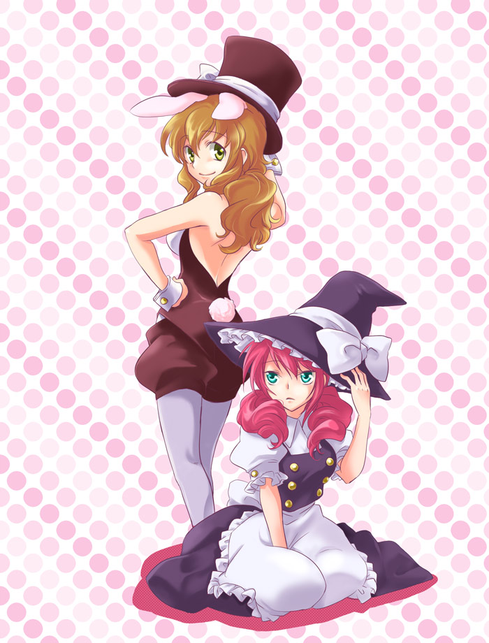 kinutarou, christina sierra, feldt grace, kirisame marisa, gundam, gundam 00, touhou, bad id, bad pixiv id, 2girls, animal ears, brown hair, cosplay, female focus, green eyes, hat, kirisame marisa (cosplay), kneeling, long hair, multiple girls, pantyhose, pink hair, playboy bunny, rabbit ears, top hat, twintails