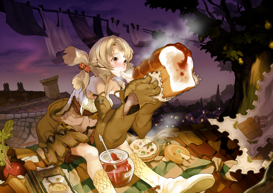 kyuusugi toku, original, bad id, bad pixiv id, blush, book, boots, bread, brown eyes, brown hair, detached sleeves, food, gloves, meat, quad tails, rooftop, sitting, solo