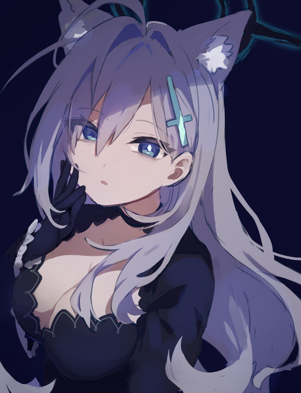 tokage (pr), shiroko terror (blue archive), blue archive, commentary request, highres, 1girl, animal ears, black background, black dress, black gloves, blue eyes, breasts, cleavage, cross hair ornament, dress, expressionless, extra ears, gloves, grey hair, hair between eyes, hair ornament, halo, long hair, looking at viewer, mismatched pupils, simple background, solo, upper body, wolf ears, wolf girl
