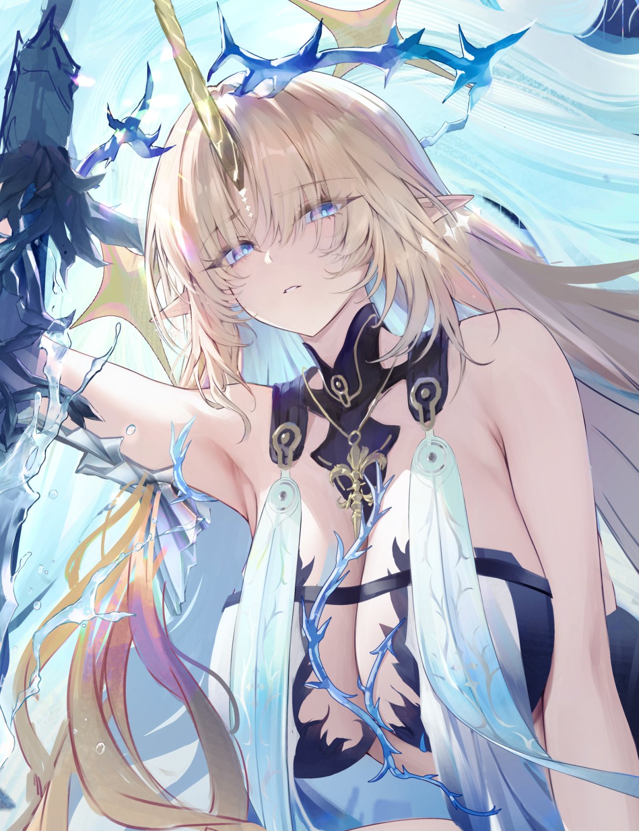 meisansan, fleurdelys (wuthering waves), wuthering waves, chinese commentary, commentary request, highres, unfinished, 1girl, armpit crease, armpits, bare shoulders, black collar, blonde hair, blue eyes, blue hair, blue pupils, breasts, bubble, collar, colored inner hair, crown of thorns, earrings, floating earrings, horns, huge breasts, jewelry, long hair, long horns, looking at viewer, multicolored hair, necklace, parted bangs, parted lips, pointy ears, sidelocks, single horn, solo, tacet mark (wuthering waves), upper body, yellow horns