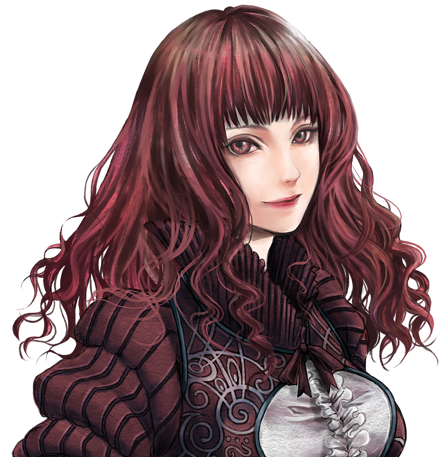 shino (pixiv153833), cherlyn (granado espada), granado espada, 1girl, bow, female focus, frills, gathers, red eyes, red hair, smile, solo, wavy hair