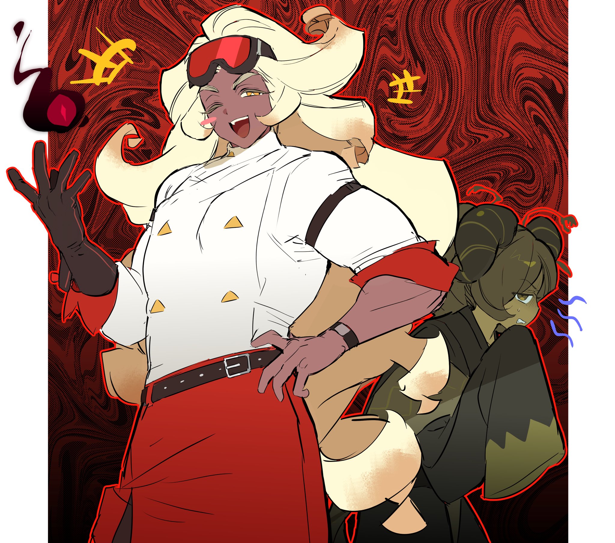 ohta guk hip, butter roll cookie, matcha cookie, cookie run, cookie run: kingdom, bad id, bad twitter id, highres, +++, 1boy, 1girl, ;d, abstract background, back-to-back, belt, black background, black dress, blonde hair, blush stickers, bright pupils, brown belt, brown gloves, brown hair, brown horns, buttons, clenched teeth, cowboy shot, dark-skinned female, dark-skinned male, dark skin, double-breasted, dress, gloves, goggles, goggles on head, gradient background, hand on own chin, hand on own hip, hand up, horns, humanization, jacket, long hair, long sleeves, looking at viewer, one eye closed, open mouth, outline, outside border, pillarboxed, profile, red-tinted eyewear, red background, red outline, red skirt, sideways mouth, single blush sticker, single glove, skirt, sleeves past fingers, sleeves past wrists, smile, standing, studded belt, sweatdrop, teeth, three-quarter sleeves, tinted eyewear, tongue, two-tone background, upper teeth only, v-shaped eyebrows, very long hair, watch, white jacket, white pupils, wide sleeves, wristwatch, yellow eyes