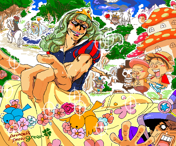 codoyeo, brook (one piece), franky (one piece), monkey d. luffy, nami (one piece), nico robin, roronoa zoro, sanji (one piece), snow white (fairy tale character), usopp, disney, marchen time, one piece, snow white (fairy tale), 2girls, 6+boys, apple, bird, castle, cosplay, crossdressing, dress, flower, food, fruit, green hair, grin, hat, horse, lipstick, makeup, multiple boys, multiple girls, mushroom, oekaki, pants, parody, pig, skull, smile, snow white (disney) (cosplay), sparkle, straw hat, striped clothes, striped pants, tiara