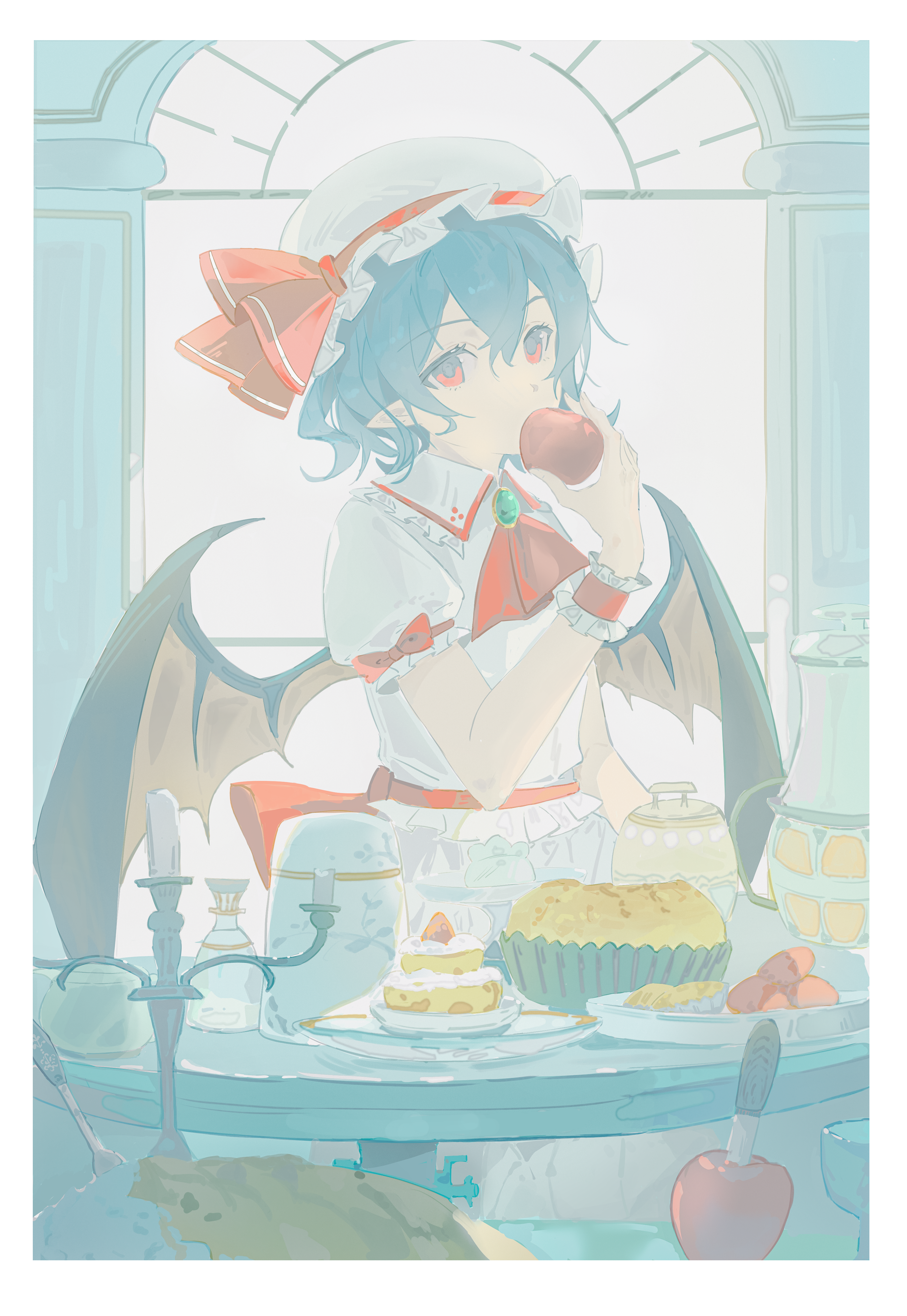 li meng shan, remilia scarlet, touhou, absurdres, chinese commentary, commentary request, highres, making-of available, 1girl, apple, ascot, bat wings, blue eyes, border, bread, cake, candelabra, candle, candlestand, double-parted bangs, eating, food, fruit, hair between eyes, hand up, hat, holding, holding food, holding fruit, knife, loaf of bread, looking at viewer, mob cap, plate, puffy short sleeves, puffy sleeves, red ascot, shirt, short hair, short sleeves, skirt, solo, table, white border, white hat, white shirt, white skirt, wings, wrist cuffs