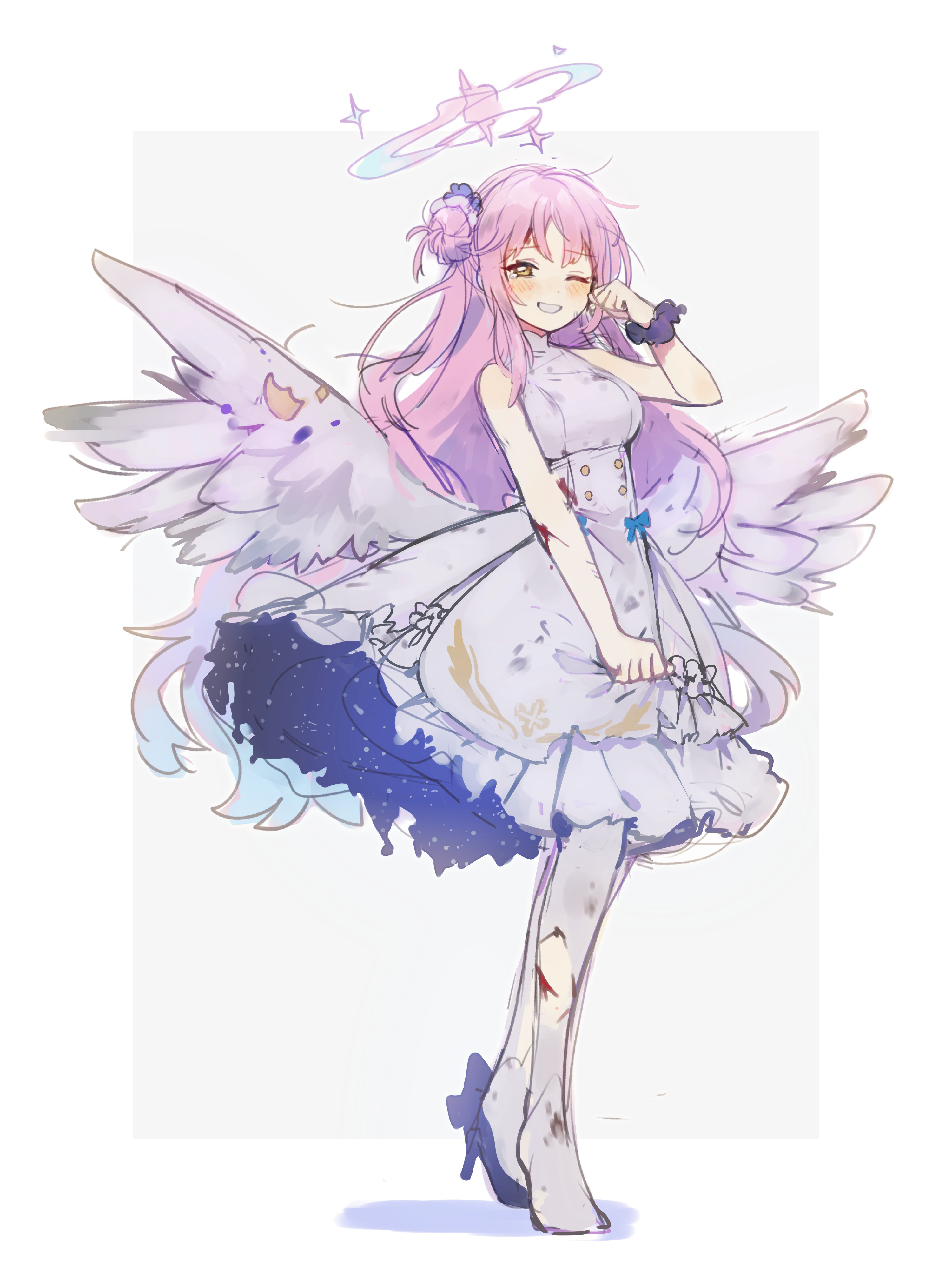 tokage (pr), mika (blue archive), blue archive, absurdres, commentary request, highres, 1girl, angel wings, black shoes, breasts, dress, feathered wings, flower, full body, grin, hair bun, hair flower, hair ornament, halo, high heels, injury, long hair, looking at viewer, low wings, pink hair, pink halo, scrunchie, shoes, single side bun, smile, solo, tearing up, torn clothes, white dress, white wings, wing ornament, wings, wrist scrunchie, yellow eyes