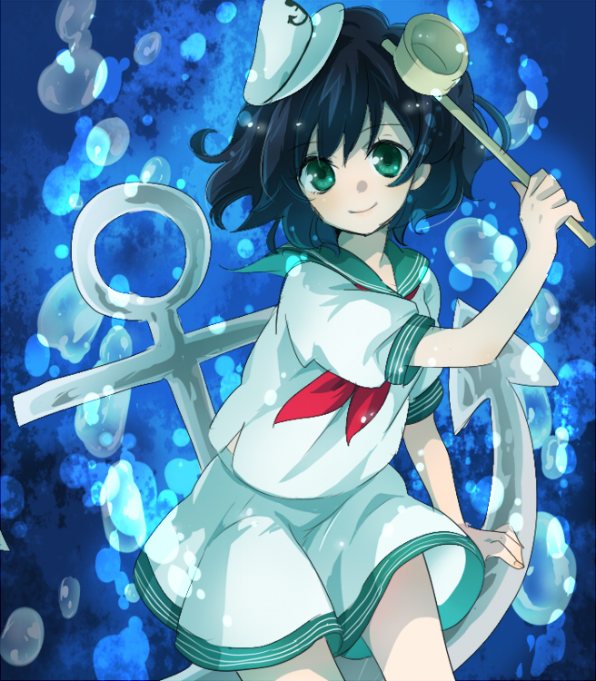 machiko (beard), murasa minamitsu, touhou, 1girl, anchor, black hair, female focus, green eyes, hat, hishaku, sailor, sailor hat, short hair, solo, underwater, wet, wet clothes