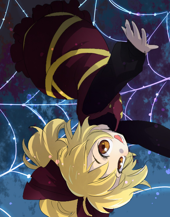 machiko (beard), kurodani yamame, touhou, 1girl, blonde hair, brown eyes, female focus, ribbon, solo