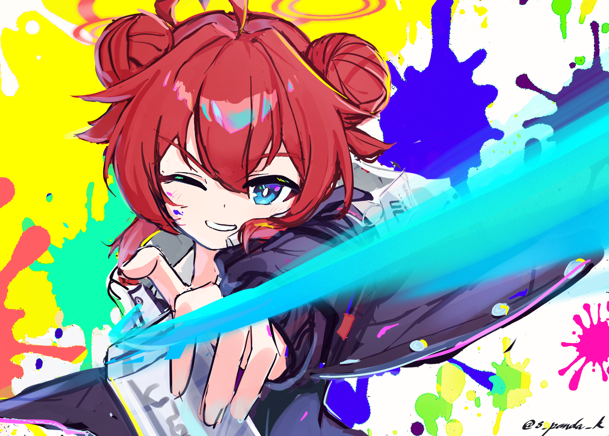 s panda k, maki (blue archive), blue archive, highres, 1girl, :d, ahoge, artist name, black jacket, blue eyes, double bun, graffiti, hair bun, hair intakes, halo, holding, holding spray can, id card, jacket, millennium science school logo, one eye closed, open mouth, paint splatter, red hair, short hair, smile, solo, spray can, teeth