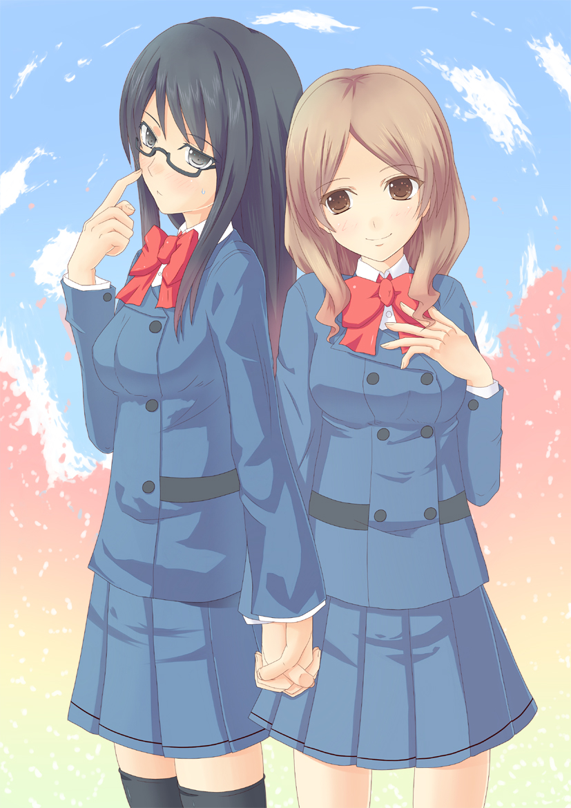 ayabe tsukasa, kazumi1904, kazama ushio, murasame sumika, sasameki koto, 00s, 2girls, :<, black hair, black thighhighs, blonde hair, blue eyes, blush, bow, brown eyes, day, glasses, holding hands, long hair, multiple girls, pleated skirt, school uniform, skirt, sky, smile, sweat, thighhighs, yuri, zettai ryouiki