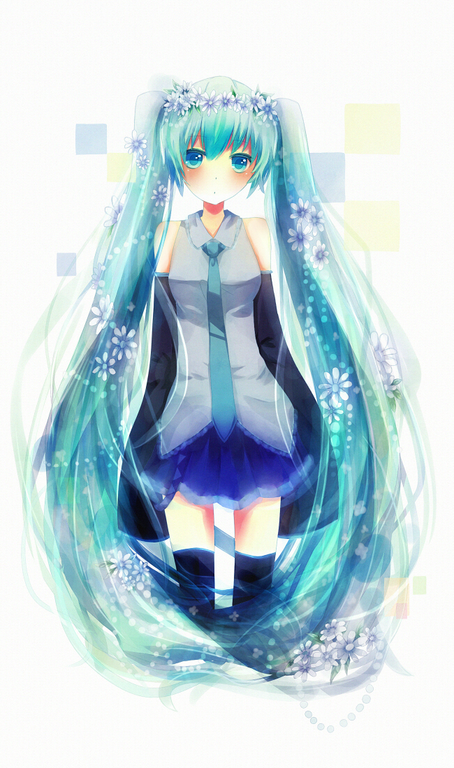 nakatanbo, hatsune miku, vocaloid, bad id, bad pixiv id, 1girl, aqua eyes, aqua hair, detached sleeves, female focus, flower, long hair, necktie, skirt, solo, thighhighs, twintails, very long hair, white background, zettai ryouiki