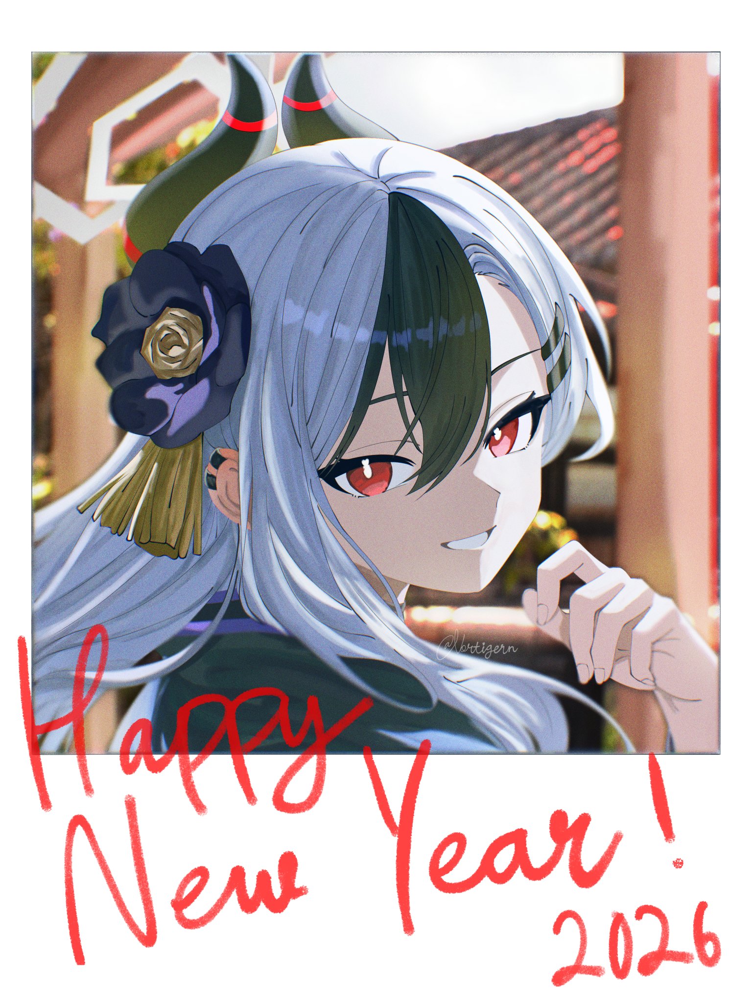 shi draco, kayoko (blue archive), kayoko (new year) (blue archive), blue archive, commentary, english commentary, highres, 1girl, 2026, artist name, black choker, black flower, black hair, black horns, black kimono, bright pupils, choker, demon horns, earclip, fake photograph, flower, grey halo, grin, hair flower, hair ornament, hairclip, halo, hand up, happy new year, horns, japanese clothes, kimono, long hair, looking at viewer, looking to the side, multicolored hair, new year, official alternate costume, portrait, red eyes, signature, smile, twitter username, two-tone hair, white hair, white pupils