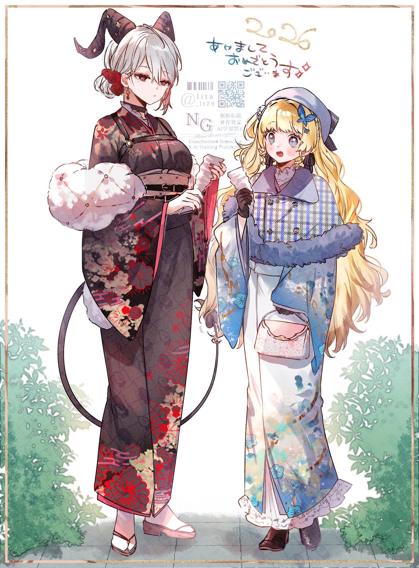 lt26, phoebe (wuthering waves), zani (wuthering waves), wuthering waves, commentary request, highres, 2026, 2girls, black horns, black kimono, black tail, blonde hair, blue eyes, blush, breasts, butterfly hair ornament, curled horns, demon tail, earrings, feather boa, hair ornament, hat, holding, horns, japanese clothes, jewelry, kimono, long hair, medium breasts, multicolored hair, multiple girls, nail polish, open mouth, red eyes, red nails, standing, streaked hair, tail, white hat