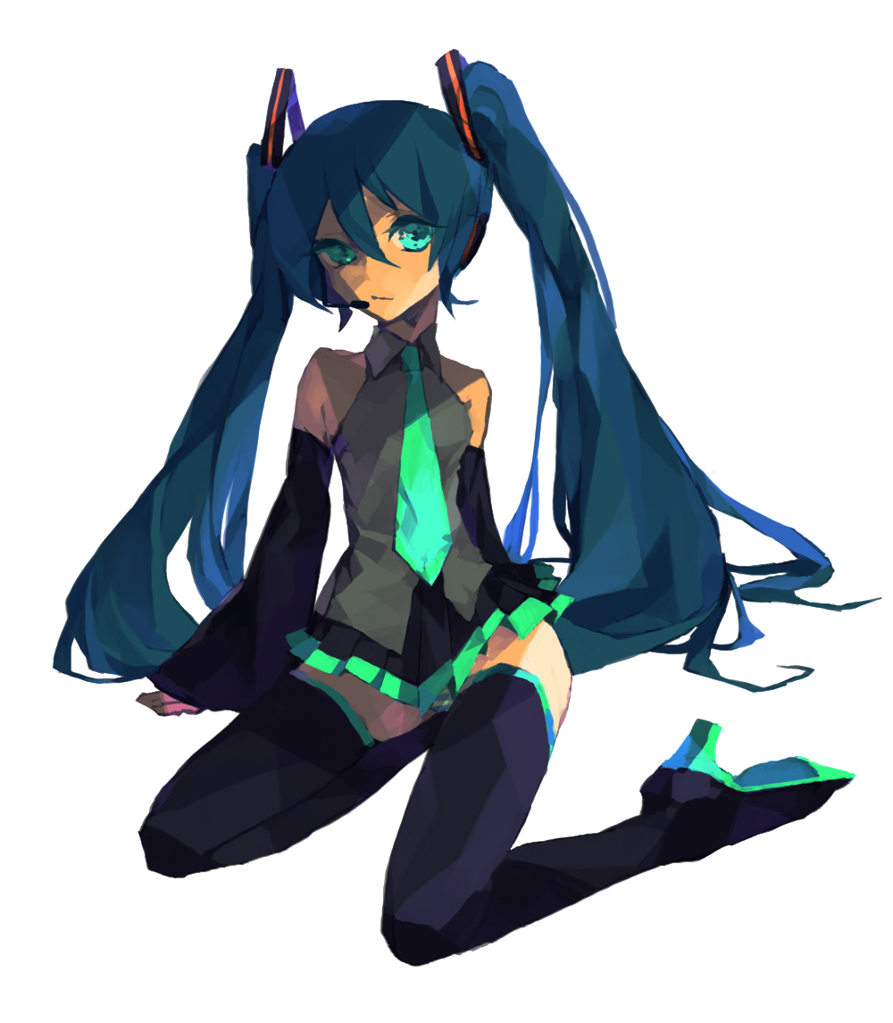 noco (adamas), hatsune miku, vocaloid, bad id, bad pixiv id, 1girl, aqua eyes, aqua hair, detached sleeves, female focus, full body, headphones, headset, long hair, necktie, panties, simple background, sitting, skirt, solo, striped clothes, striped panties, thighhighs, twintails, underwear, very long hair, white background, zettai ryouiki