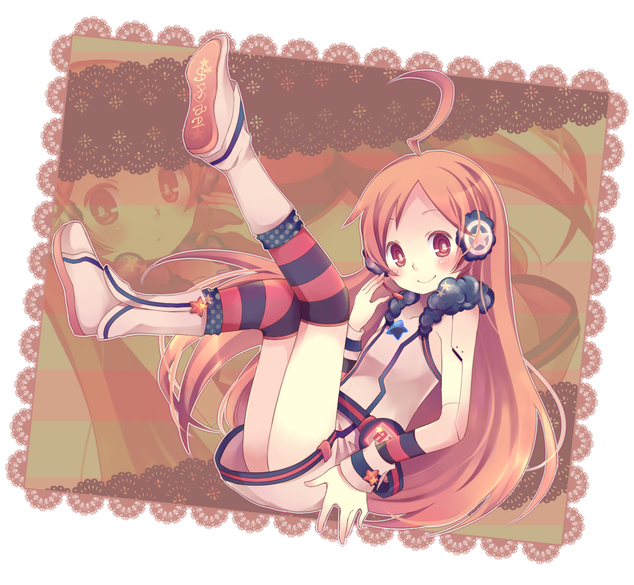 maimu (polka), sf-a2 miki, vocaloid, bad id, bad pixiv id, highres, 1girl, ahoge, android, belt, boots, dress, female focus, full body, gloves, headphones, headset, joints, kneehighs, long hair, red eyes, red hair, robot joints, smile, socks, solo, star (symbol), striped clothes, striped gloves, striped socks, wrist cuffs