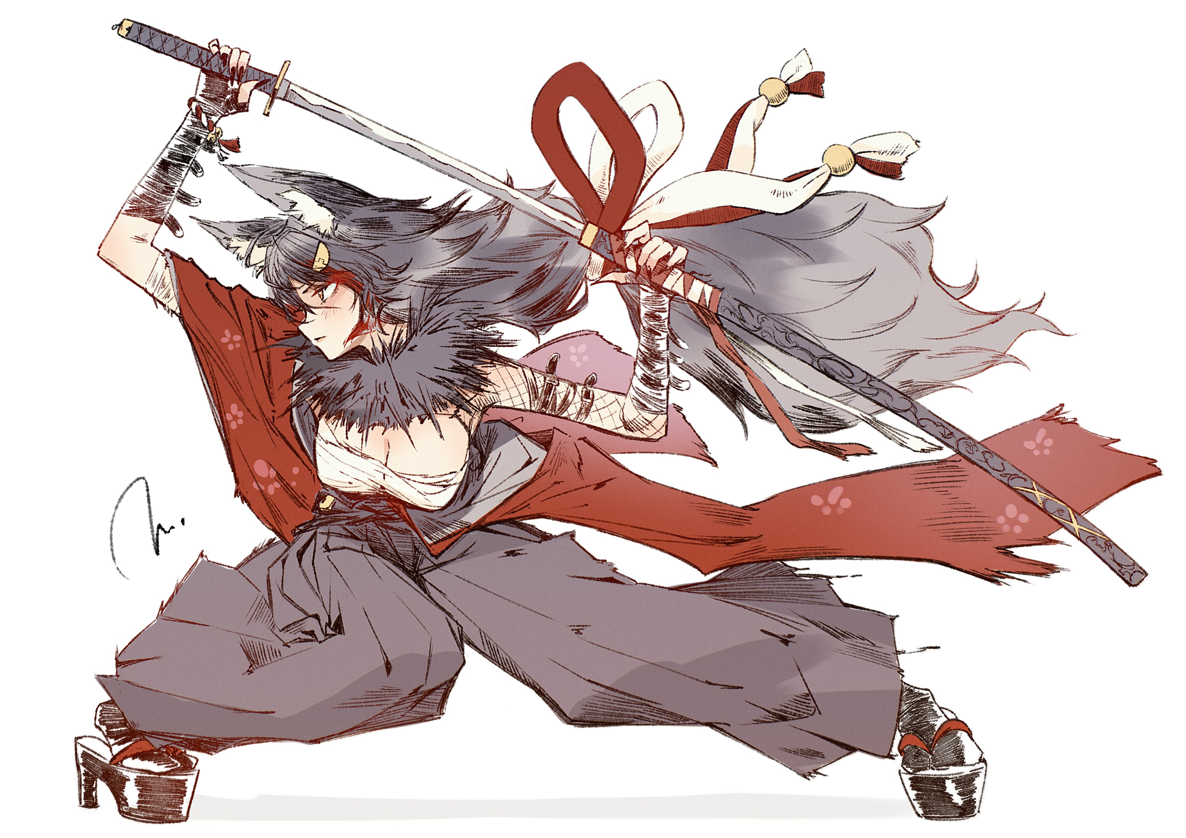 torokko, ookami mio, hololive, absurdres, highres, tagme, 1girl, breasts, cleavage, katana, large breasts, sarashi, sword, weapon