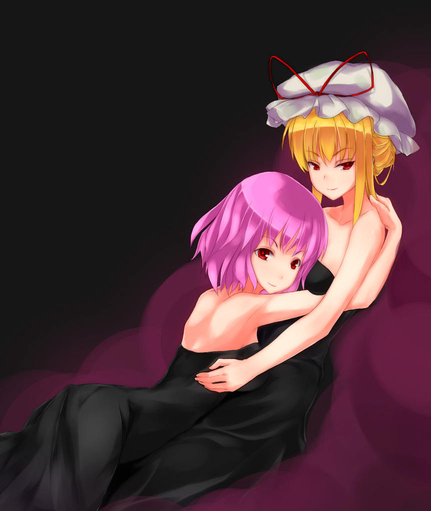 digimoon, saigyouji yuyuko, yakumo yukari, touhou, bad id, bad pixiv id, 2girls, blonde hair, dress, female focus, hat, long hair, multiple girls, pink hair, red eyes, ribbon, short hair, smile
