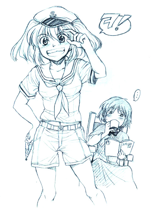 re ghotion, kitashirakawa chiyuri, okazaki yumemi, phantasmagoria of dim.dream, touhou, touhou (pc-98), traditional media, translated, 2girls, blue theme, blush, book, chair, cup, drinking, female focus, grin, gun, hat, knees, korean text, legs, long sleeves, monochrome, multiple girls, navel, open book, reading, sailor, short hair, short sleeves, short twintails, shorts, simple background, sketch, smile, teacup, twintails, weapon