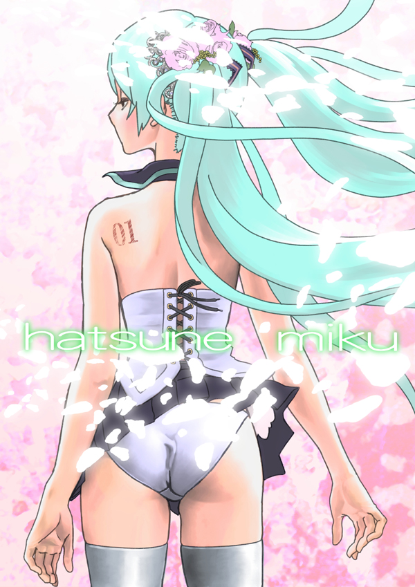 hitomi kazuya, hatsune miku, vocaloid, bad id, bad pixiv id, 1girl, aqua eyes, aqua hair, ass, back, bare shoulders, female focus, flower, girdle, hair flower, hair ornament, long hair, panties, solo, thighhighs, twintails, underwear, very long hair, zettai ryouiki