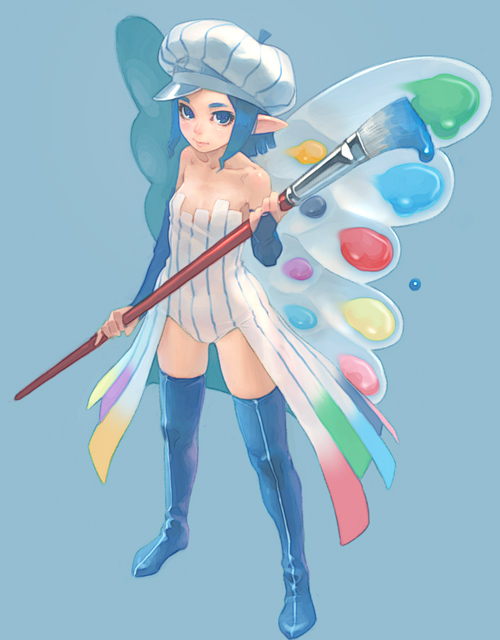 weno, oekaki musume, original, 1girl, bare shoulders, blue boots, blue eyes, blue hair, boots, butterfly wings, female focus, hat, insect wings, matching hair/eyes, multicolored wings, pointy ears, simple background, solo, thigh boots, thighhighs, wings