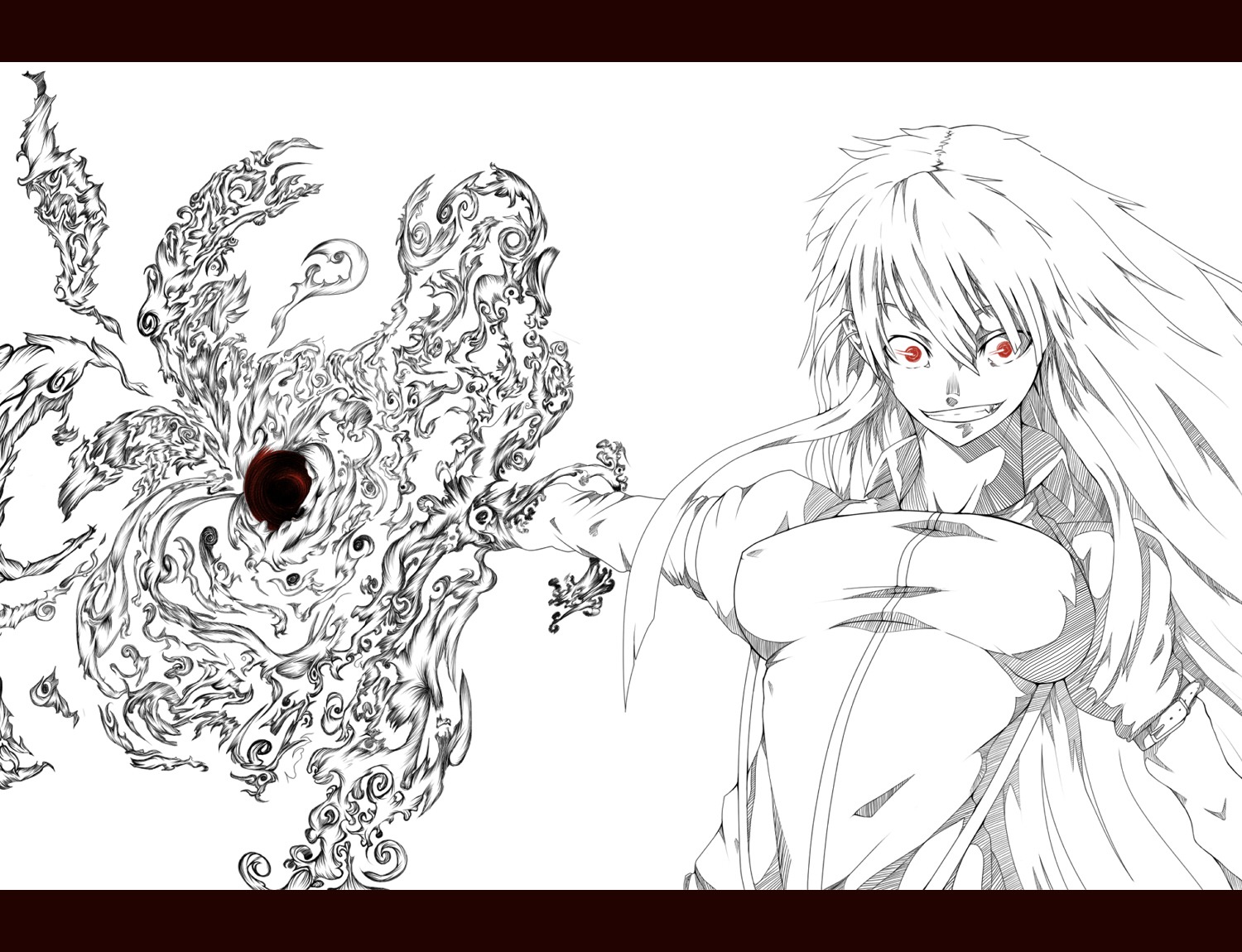 supu, fujiwara no mokou, touhou, 1girl, breasts, crazy eyes, fang, female focus, fire, grin, long hair, long sleeves, magic, monochrome, outstretched arm, outstretched hand, red eyes, shirt, smile, solo, spot color, suspenders