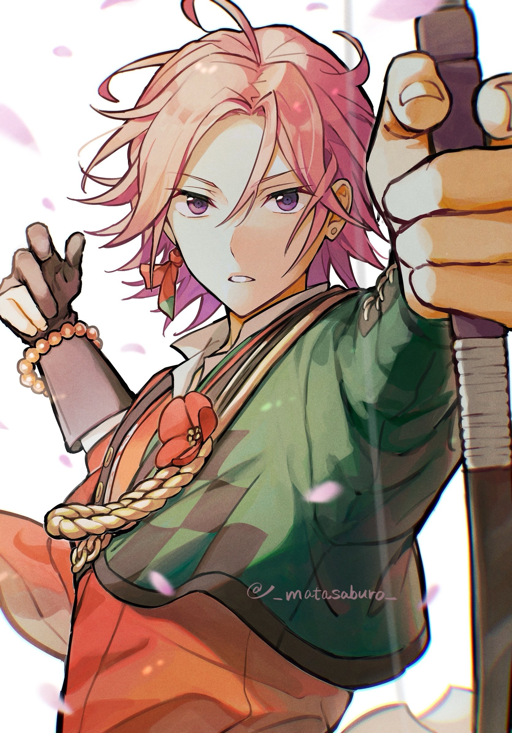 matasaburo, oukawa kohaku, ensemble stars!, highres, 1boy, bead bracelet, beads, black gloves, bow (weapon), bracelet, earrings, fingernails, flower, gloves, holding, holding bow (weapon), holding weapon, jewelry, looking at viewer, male focus, mismatched earrings, parted lips, partially fingerless gloves, petals, pink hair, pink petals, purple eyes, simple background, single glove, solo, twitter username, upper body, weapon, white background