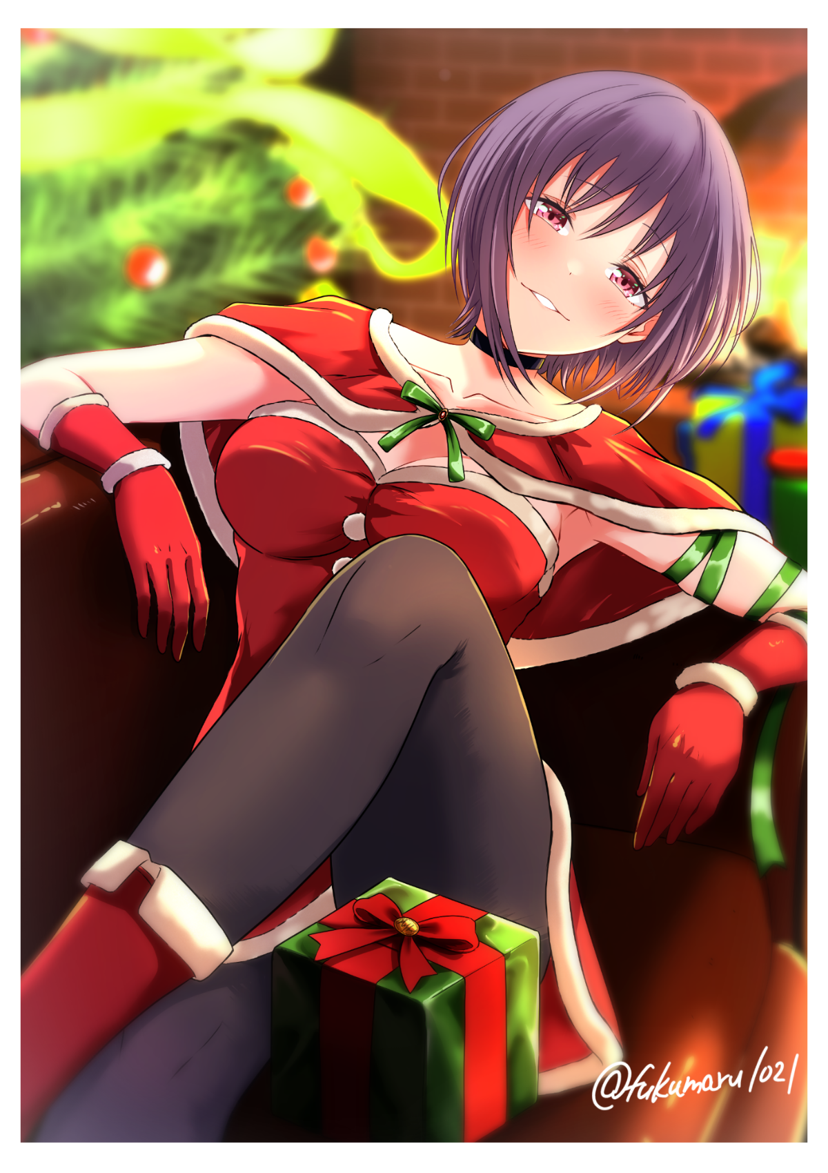 fukumaru1021, yuutenji nyamu, bang dream!, bang dream! it's mygo!!!!!, commentary, highres, 1girl, alternate costume, black choker, black pantyhose, boots, border, box, breasts, capelet, chimney, choker, christmas tree, cleavage, couch, dress, fur-trimmed boots, fur-trimmed capelet, fur-trimmed dress, fur-trimmed gloves, fur trim, gift, gift box, gloves, grin, large breasts, looking at viewer, on couch, pantyhose, purple hair, red boots, red capelet, red eyes, red gloves, santa costume, santa dress, short hair, signature, sitting, smile, solo, white border