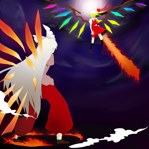 juusanya, flandre scarlet, fujiwara no mokou, touhou, silver hair, bad id, bad pixiv id, 2girls, back, battle, blonde hair, circle, cloud, female focus, fiery wings, fighting stance, fire, floating, full moon, hair over eyes, hair ribbon, hand in pocket, hat, hat ribbon, kneehighs, legs, long hair, long sleeves, moon, multiple girls, night, pants, ribbon, shoes, short sleeves, side ponytail, skirt, sky, smile, smoke, socks, very long hair, weapon, wings