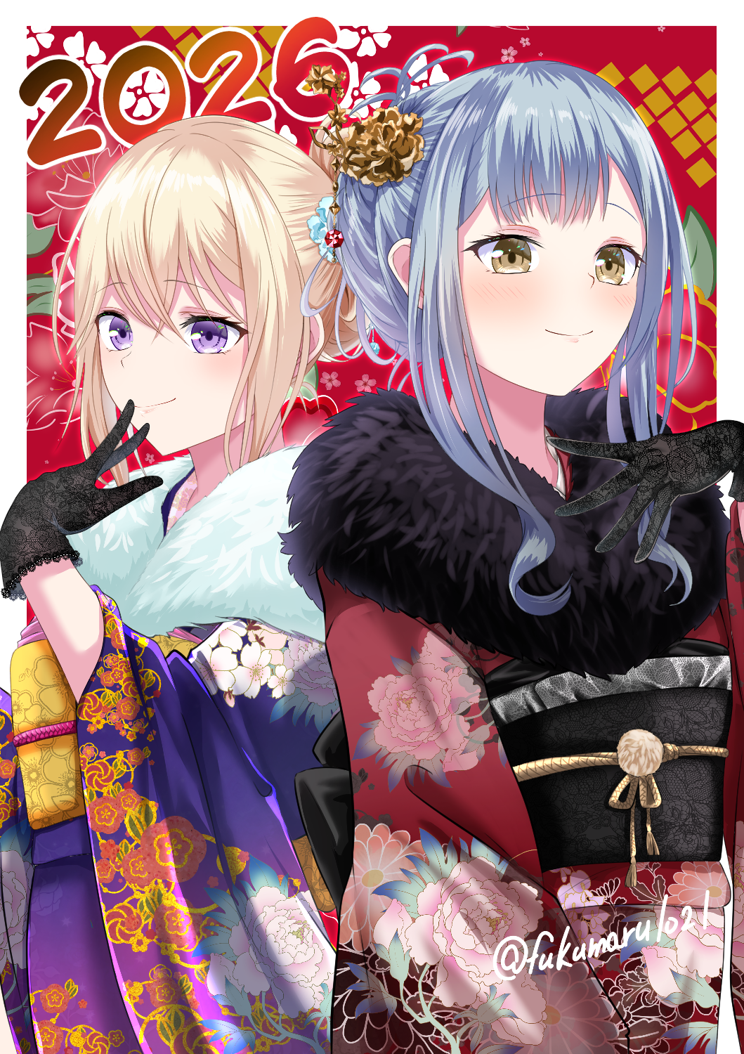 fukumaru1021, misumi uika, togawa sakiko, bang dream!, bang dream! it's mygo!!!!!, commentary, highres, 2026, 2girls, aunt and niece, black gloves, blonde hair, blue eyes, blush, feet out of frame, floral print, floral print kimono, gloves, hair ornament, japanese clothes, kimono, long hair, looking at viewer, multiple girls, obi, print kimono, purple eyes, sash, smile, twitter username, yellow eyes