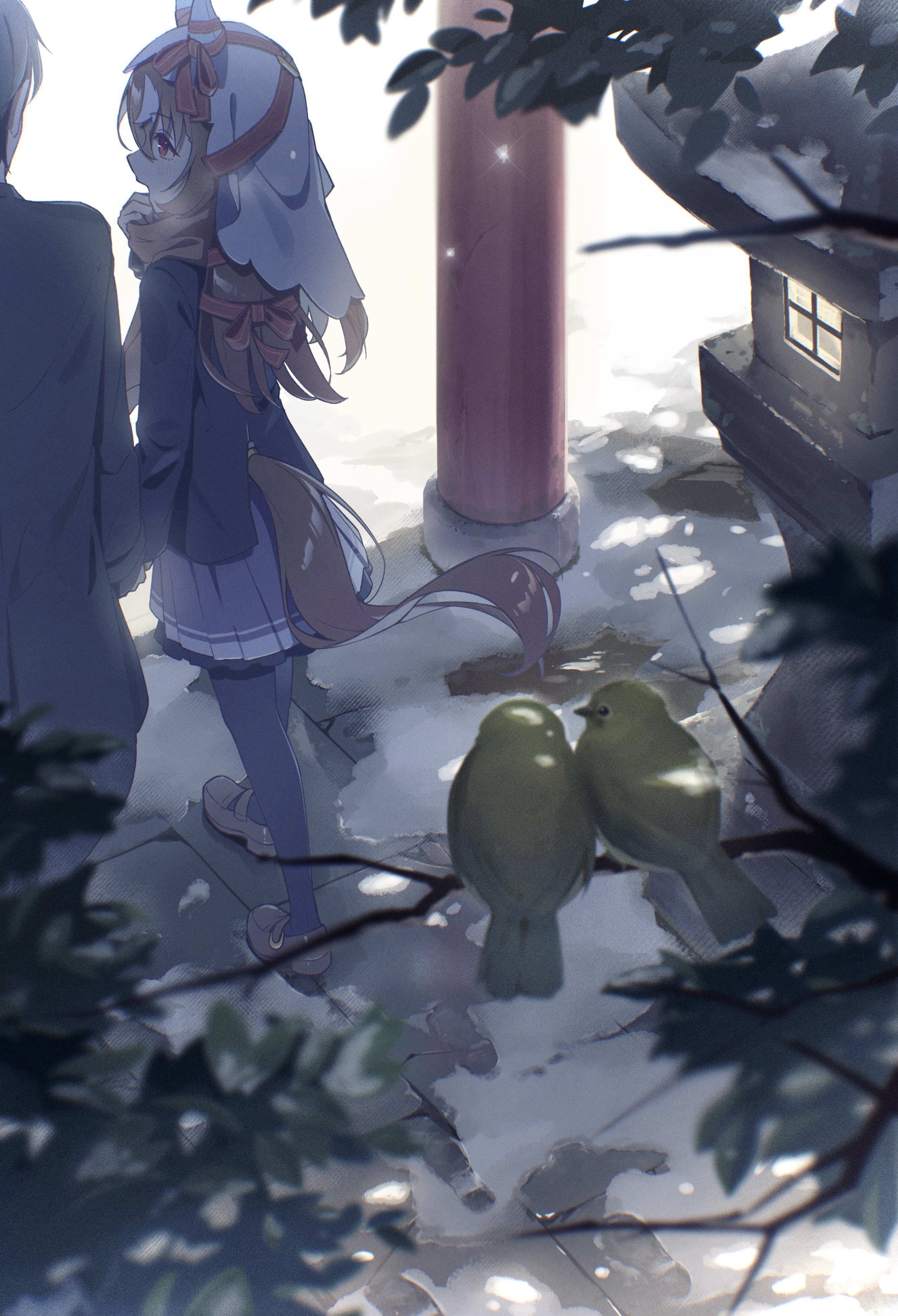 auklet5580, still in love (umamusume), umamusume, absurdres, commentary request, highres, 1girl, 1other, animal ears, bird, brown hair, brown shoes, footprints, holding hands, horse ears, horse girl, horse tail, lantern, long hair, outdoors, pleated skirt, purple skirt, school uniform, shoes, skirt, snow, stone lantern, tail, tracen school uniform, tree