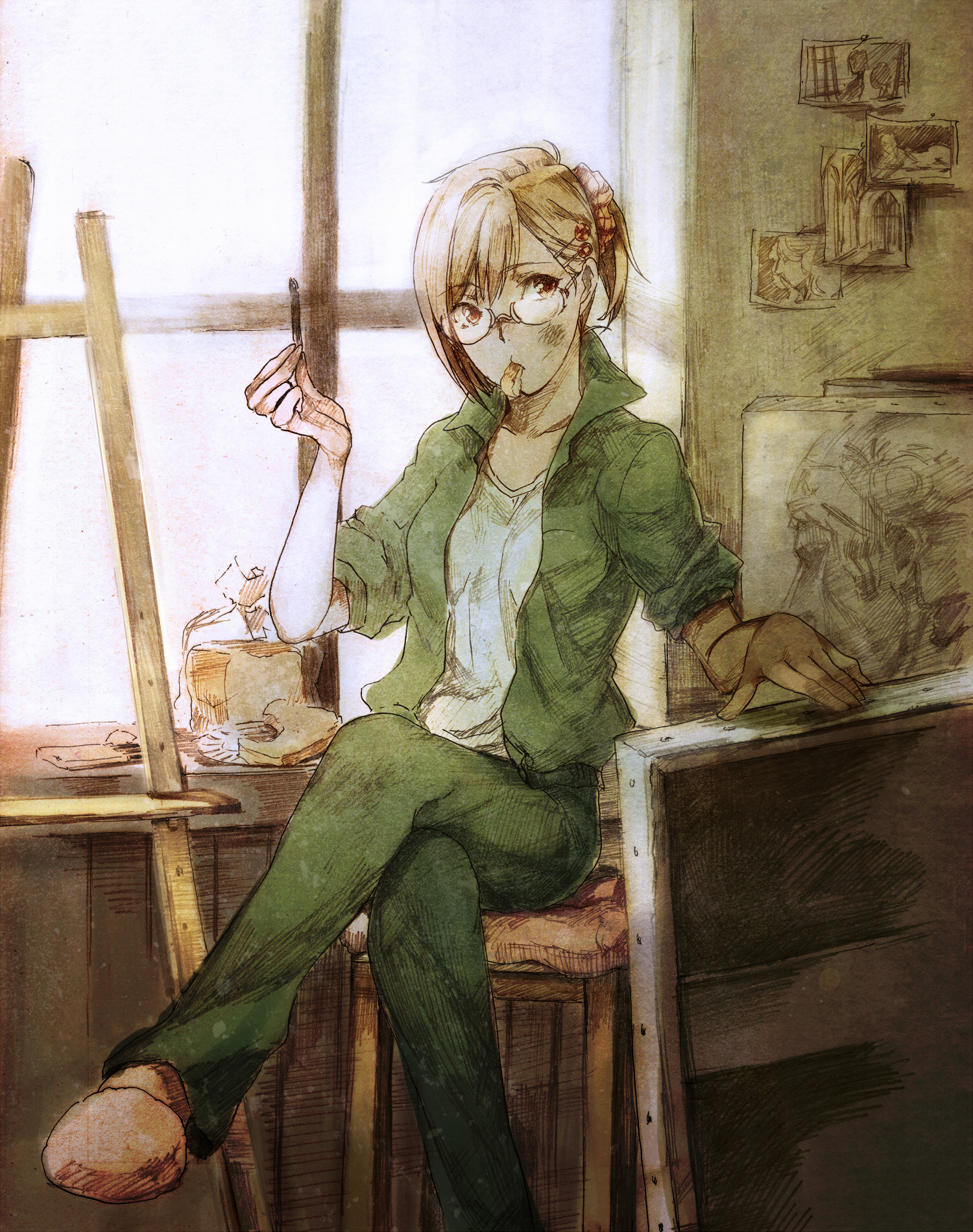 tamachi kuwa, oekaki musume, original, highres, 1girl, brown eyes, brown hair, canvas (object), chalk, crossed legs, easel, female focus, glasses, hair ornament, hairclip, mouth hold, painting (object), sitting, sleeves pushed up, slippers, solo